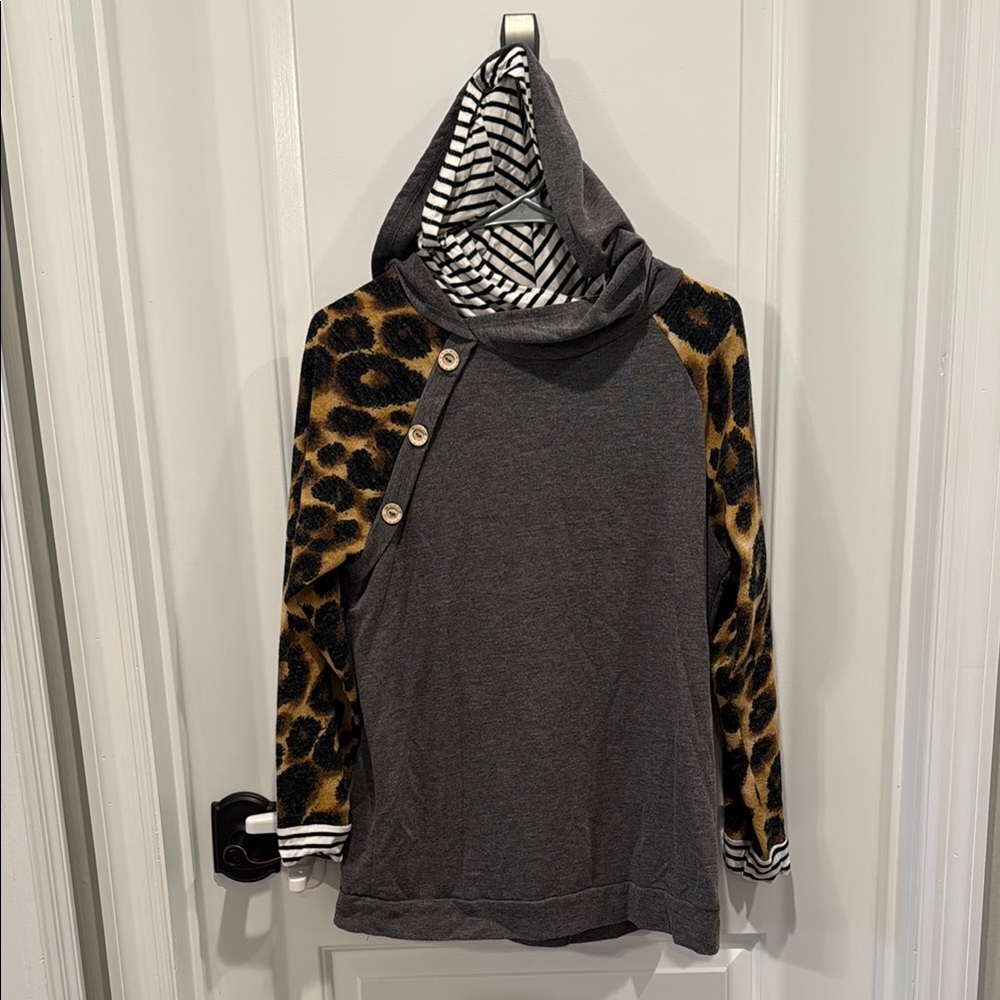 Gray and Brown Tunic with Leopard Print Sleeves